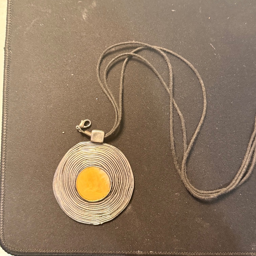 Boho Statement Pendant Necklace – Hammered Metal Disc w/ Amber Tone Center